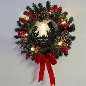 img 1 attached to 🎄 16 Inch Pre-Lit Artificial Christmas Wreath with Nativity Scene, Flocked and Adorned with Mixed Decorations, Warm LED Lights - Wintry Pine