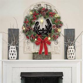 img 2 attached to 🎄 16 Inch Pre-Lit Artificial Christmas Wreath with Nativity Scene, Flocked and Adorned with Mixed Decorations, Warm LED Lights - Wintry Pine