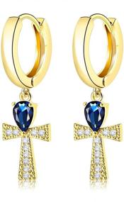 img 4 attached to UHIBROS Gold Cross Dangle Earrings for Women - 14K Gold Plated, Hypoallergenic Pave CZ Birthstone Pendant Hoop Earrings – Dainty Sapphire Huggie Earrings for Teen Girls