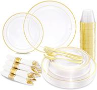 🍽️ i00000 210pcs gold plastic plates with cutlery and cups - complete clear gold dinnerware set for christmas parties logo