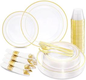 img 4 attached to 🍽️ I00000 210Pcs Gold Plastic Plates with Cutlery and Cups - Complete Clear Gold Dinnerware Set for Christmas Parties