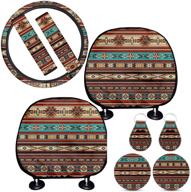 🚗 ethnic aztec print car steering wheel cover+seat belt cover+headrest cover+key chain+cup coaster, full set of 9, car interior protective accessories for women by bigcarjob logo