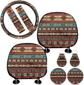 img 4 attached to 🚗 Ethnic Aztec Print Car Steering Wheel Cover+Seat Belt Cover+Headrest Cover+Key Chain+Cup Coaster, Full Set of 9, Car Interior Protective Accessories for Women by BIGCARJOB