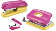 📎 rapid mini stapler and hole punch set, staple or punch up to 10 sheets, includes n°10 staples, pink/yellow, f5, 5000371 logo