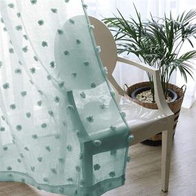 img 2 attached to 👶 MYSKY HOME Aqua Sheer Curtains 96 Inches Long for Baby Nursery - 2 Panels, Rod Pocket, Semi Sheer Textured Design with Pom Pom - Ideal for Girls Bedroom Decor (54" x 96", Aqua)