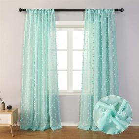 img 4 attached to 👶 MYSKY HOME Aqua Sheer Curtains 96 Inches Long for Baby Nursery - 2 Panels, Rod Pocket, Semi Sheer Textured Design with Pom Pom - Ideal for Girls Bedroom Decor (54" x 96", Aqua)