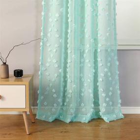 img 3 attached to 👶 MYSKY HOME Aqua Sheer Curtains 96 Inches Long for Baby Nursery - 2 Panels, Rod Pocket, Semi Sheer Textured Design with Pom Pom - Ideal for Girls Bedroom Decor (54" x 96", Aqua)