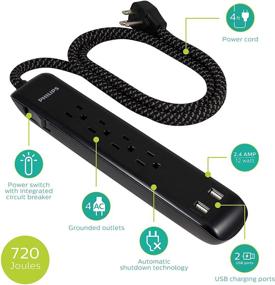 img 3 attached to 🔌 High-Performance Philips Power Strip with USB Ports & Surge Protection - Sleek Design, Braided Extension Cord, 720 Joules