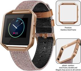 img 3 attached to iHillon Canvas Fabric Genuine Leather Replacement Band with 💪 Metal Frame - Compatible with Fitbit Blaze for Men and Women