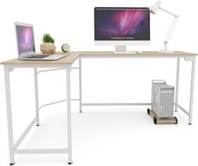 img 4 attached to 🖥️ L-shaped Corner Gaming Computer Desk for Modern Home Office Workstation Study Writing - Wooden Table