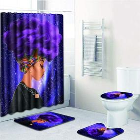 img 4 attached to 🌌 EVERMARKET Colorful Printed Toilet Pad Cover Bath Mat Shower Curtain Set for Bathroom Decor, 4-Piece Set - 1 Shower Curtain & 3 Toilet Mat with Lid Cover (African Woman Purple Hair Galaxy)