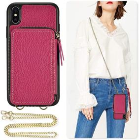 img 4 attached to 👜 ZVE Crossbody Wallet Case for iPhone X/Xs - Rose Purple | Credit Card Slot, Chain Wristlet, Zipper Leather Cover