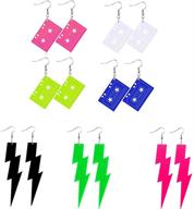 ⚡ neon lightning bolt earrings set - 7 pairs of retro 80s dangle earrings for women, girls - exaggerated resin jewelry in hot pink, black, green - nickel free & aesthetic logo