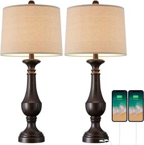 img 2 attached to 🌾 PoKat 27.75'' USB Farmhouse Table Lamp Sets of 2 with USB Ports - Brown: Perfect for Living Room, Classic Bedroom, and Bedside Nightstand Decor