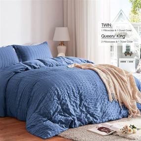 img 1 attached to 🌞 SunStyle Home 3 Piece Seersucker Duvet Cover Set for Women/Girls - Blue Microfiber Duvet Cover with Zipper Closure (Includes 1 King Duvet Cover & 2 Pillow Shams)