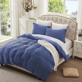 img 4 attached to 🌞 SunStyle Home 3 Piece Seersucker Duvet Cover Set for Women/Girls - Blue Microfiber Duvet Cover with Zipper Closure (Includes 1 King Duvet Cover & 2 Pillow Shams)