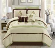 🌴 full size luxury comforter set - 8 piece oversize tropical palm tree embroidered bedding in sage green, beige, and brown logo