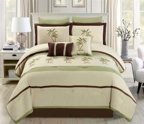 img 4 attached to 🌴 Full Size Luxury Comforter Set - 8 Piece Oversize Tropical Palm Tree Embroidered Bedding in Sage Green, Beige, and Brown