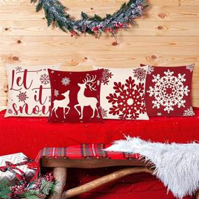 img 1 attached to 🎄 Set of 4 Ouddy Christmas Pillow Covers 18X18 Inches - Rustic Cotton Linen Farmhouse Throw Pillow Cases with Winter Snowflake Elk Design - Red Cushion Covers for Christmas Decorations Indoor Sofa Couch