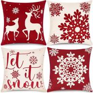 🎄 set of 4 ouddy christmas pillow covers 18x18 inches - rustic cotton linen farmhouse throw pillow cases with winter snowflake elk design - red cushion covers for christmas decorations indoor sofa couch logo