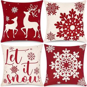 img 4 attached to 🎄 Set of 4 Ouddy Christmas Pillow Covers 18X18 Inches - Rustic Cotton Linen Farmhouse Throw Pillow Cases with Winter Snowflake Elk Design - Red Cushion Covers for Christmas Decorations Indoor Sofa Couch