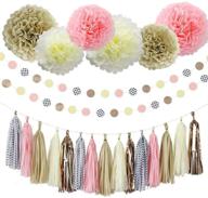 🎉 liya party decoration set: 15 tassels, 6 paper pom poms, 2 circle garlands - perfect for bridal showers, bachelorette, wedding and birthday parties in pink, rose gold, copper, cream, polka dots logo