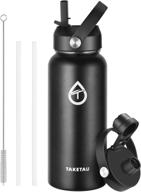 🥤 taketau 32 oz stainless steel insulated sports water bottle with straw cap & spout lid – wide mouth, double wall vacuum, leakproof, keep drinks cold or hot (black) логотип