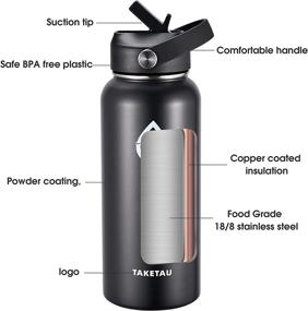 img 2 attached to 🥤 TAKETAU 32 oz Stainless Steel Insulated Sports Water Bottle with Straw Cap & Spout Lid – Wide Mouth, Double Wall Vacuum, Leakproof, Keep Drinks Cold or Hot (Black)