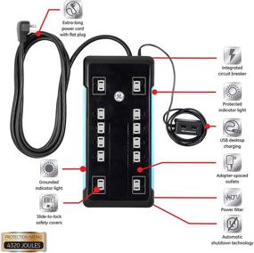img 3 attached to 💡 GE UltraPro 12 Outlet Surge Protector: 4320 Joules, 8 Ft Power Cord, Tethered 2 USB Ports, Flat Plug, Power Filter, Circuit Breaker - Black, UL Listed