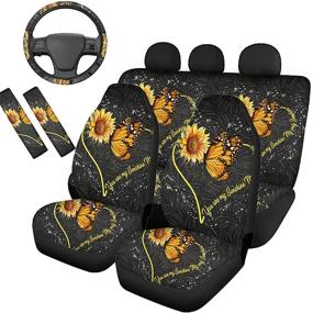 img 4 attached to 🌻 Frestree Sunflower Butterfly Print Car Seat Covers Set for Women 7 Packs - Including Steering Wheel Cover and Seat Belt Pads, You are My Sunshine