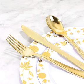 img 2 attached to 🍽️ WDF 150pcs Gold Plastic Plates with Disposable Plastic Silverware - Premium White and Gold Plastic Dinnerware Set for Thanksgiving Day and Parties