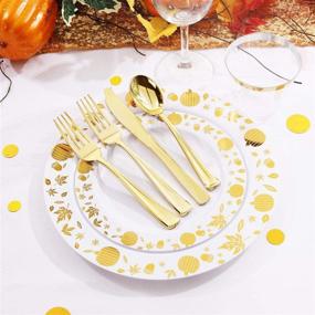 img 1 attached to 🍽️ WDF 150pcs Gold Plastic Plates with Disposable Plastic Silverware - Premium White and Gold Plastic Dinnerware Set for Thanksgiving Day and Parties