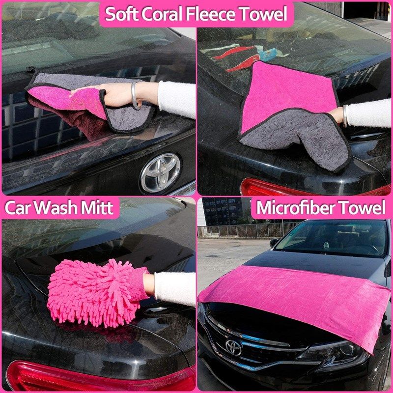 THINKWORK Car Wash Kit with Bucket, Pink Car Cleaning Kit Interior and Exterior, Car Accessories for Women - Cleaning Gel, Microfiber Cloth, Mitt, Duster, Brush