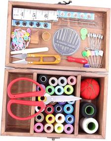 img 1 attached to 🧵 Brown Wooden Sewing Kit Set - Professional Hand Sewing Supplies Thread Spools Pins Needles Scissors in Wood Basket Organizer for Men Women Adults Kids Beginners Emergency Repairs