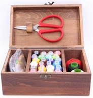 🧵 brown wooden sewing kit set - professional hand sewing supplies thread spools pins needles scissors in wood basket organizer for men women adults kids beginners emergency repairs logo