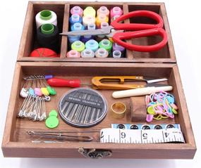 img 3 attached to 🧵 Brown Wooden Sewing Kit Set - Professional Hand Sewing Supplies Thread Spools Pins Needles Scissors in Wood Basket Organizer for Men Women Adults Kids Beginners Emergency Repairs