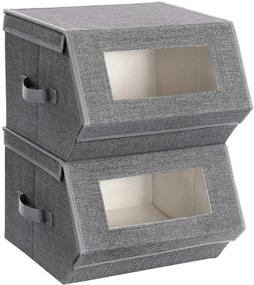 img 4 attached to Efficiently Organize with SONGMICS Stackable Storage Bins | Clear Front Windows, Set of 2 Gray Fabric Boxes with Lids | Magnetic Closures & Open-Stay Lid Feature | URPLB02G