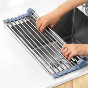 img 4 attached to 🍽️ Stainless Steel Roll Up Dish Drying Rack - Space-Saving Over The Sink Kitchen Drainer - Foldable, Gray (17.8''x11.8'')