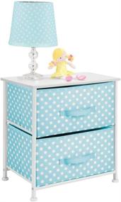 img 4 attached to 👶 mDesign storage dresser end/side table nightstand - small baby and kid room organizer for bedroom, nursery, and playroom - 2 drawer removable fabric bins - turquoise and white polka dot design