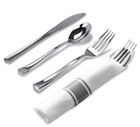 img 2 attached to 🍽️ Convenient Pre-Rolled Napkin and Cutlery Set 25 Pack - Disposable Silverware for Events, Parties, and Weddings (Silver)