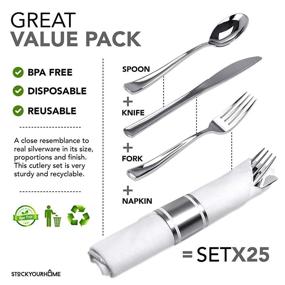 img 1 attached to 🍽️ Convenient Pre-Rolled Napkin and Cutlery Set 25 Pack - Disposable Silverware for Events, Parties, and Weddings (Silver)