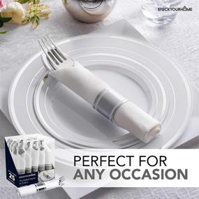 img 3 attached to 🍽️ Convenient Pre-Rolled Napkin and Cutlery Set 25 Pack - Disposable Silverware for Events, Parties, and Weddings (Silver)