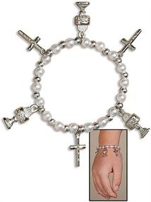 img 1 attached to Elegant AT001 First Communion Rosary Bracelet for Girls: Imitation Pearl and Silver Tone Beads, 7 Inch