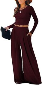 img 4 attached to 👗 WUSENST Wide Leg Pant Suits for Women: Elegant 2 Piece Solid Outfits with Long Sleeve Crop Top, High Waist Long Pants, and Convenient Pockets