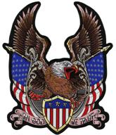 federal eagle shield patch , us flag military patriotic "in god we trust", embroidered iron on large - by nixon thread co. (12.5") - patch with federal eagle shield, us flag, patriotic design, "in god we trust", embroidered iron on large size - sold by nixon thread co. (12.5") logo