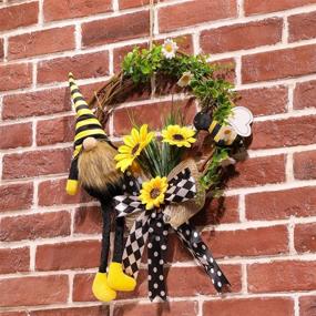 img 3 attached to 🌼 15-Inch Artificial Bumble Bee Gnome Wreath with Sunflowers - Ideal Front Door Hanging, Wall & Window Home Decorations