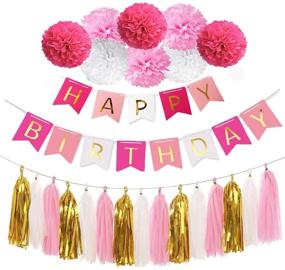 img 4 attached to 🌸 Rose Pink White Happy Birthday Banner Decorations Kit + Flower Pom Poms & Tassel Garland – Ideal for Weddings, Baby Showers, Events & Parties