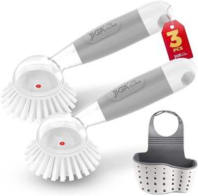 img 4 attached to 2-Pack Soap Dispensing Dish Brushes with Sink Caddy - Kitchen Cleaning Brushes for Pot, Pan and Sink - Dish Scrub Brushes with Handle (Gray)