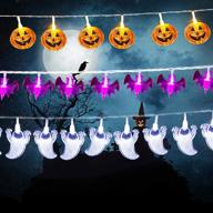 🎃 halloween lights set of 3 (orange pumpkin, white ghost, purple bat) - battery operated, indoor/outdoor, 60 led string lights for halloween decor, party supplies, home decor, room логотип