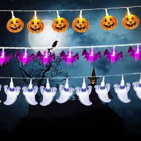 img 4 attached to 🎃 Halloween Lights Set of 3 (Orange Pumpkin, White Ghost, Purple Bat) - Battery Operated, Indoor/Outdoor, 60 LED String Lights for Halloween Decor, Party Supplies, Home Decor, Room